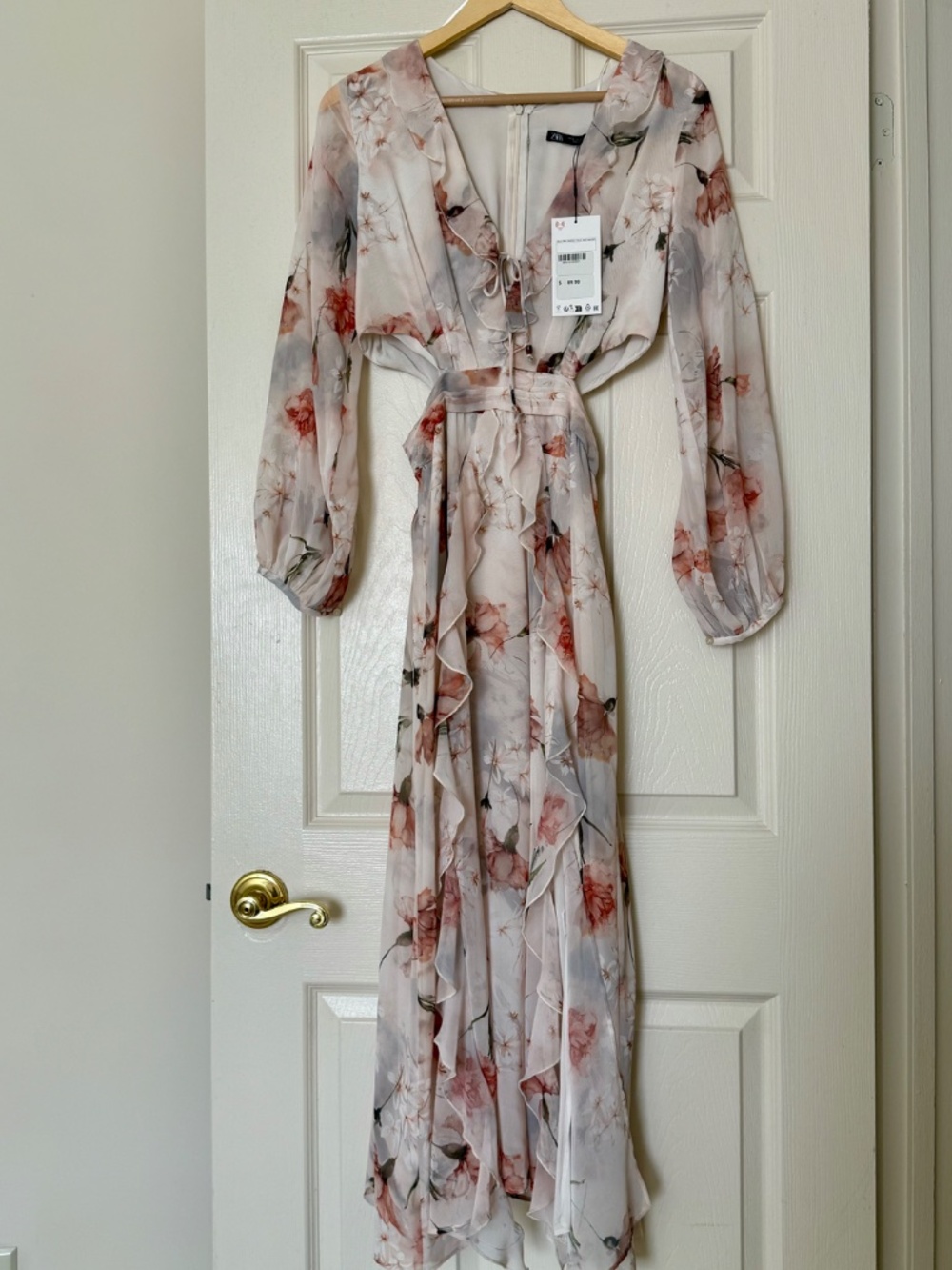 Zara Floral Cut-Out Ruffle Dress Cream Multicoloured Size XS - Picture 6 of 6